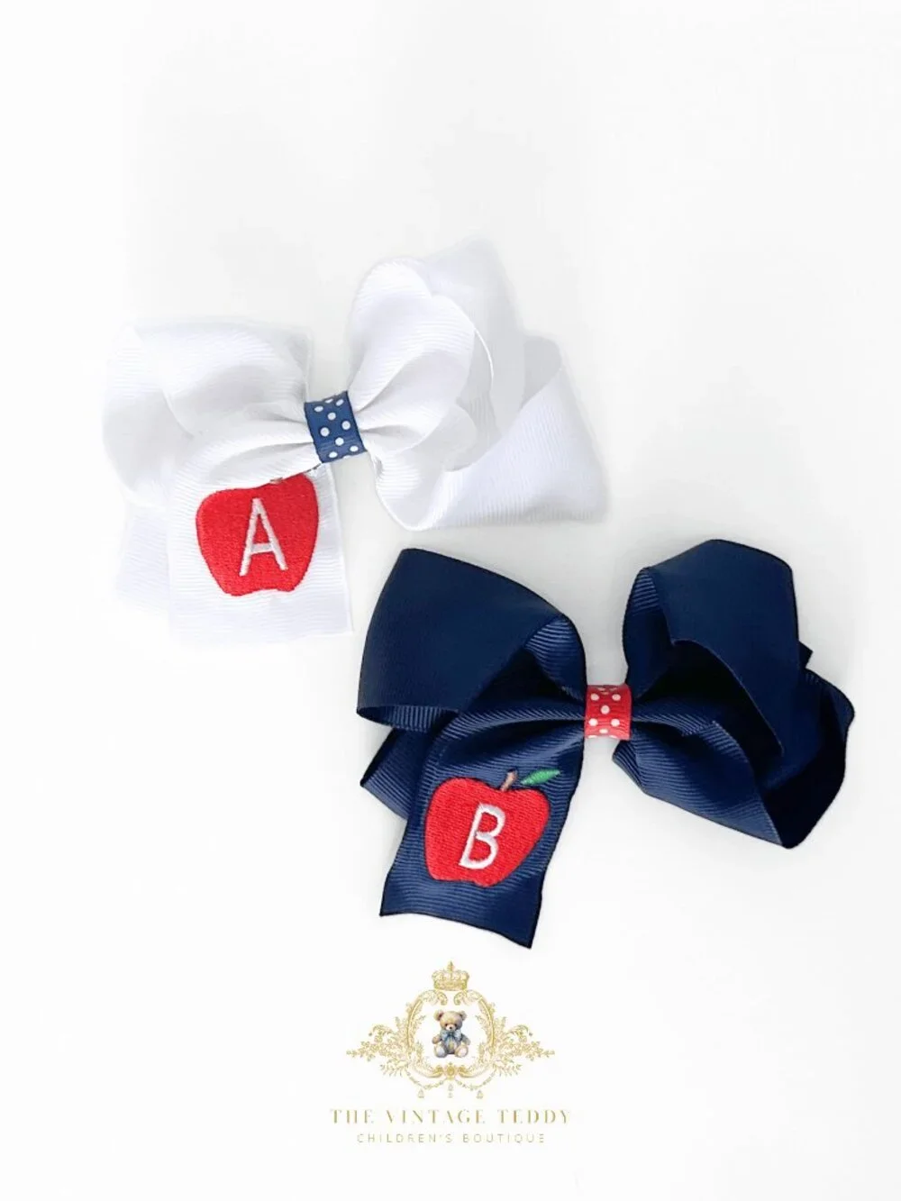 NWT Cute Girls Hair Bows Back to School Embroidered Grosgrain Ribbon Set of 2